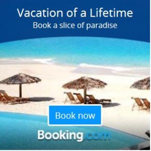 A beach with tiki umbrellas and lounge chairs along the coastline with a banner saying, "Vacation of a Lifetime Book a slice of paradise" with a button saying, "Book Now" Booking dot com