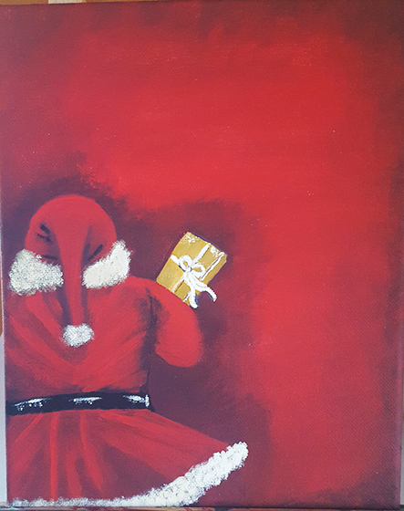 canvas painting of Santa Clauses back as he holds a gift