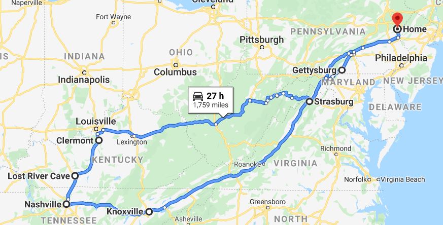 map of road trip route