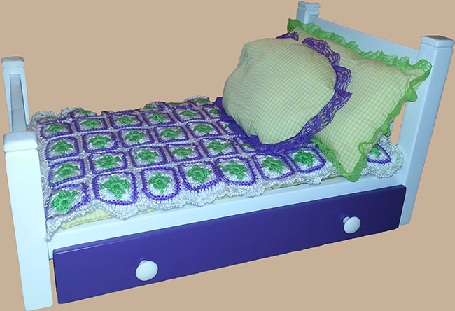white, purple, and neon green granny square quilt doll bed size