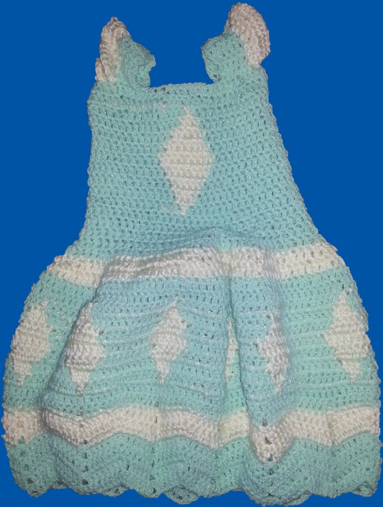 two colored crocheted dress with cap sleeves and diamond pattern