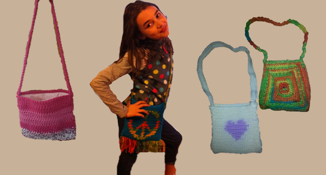 four crocheted purses